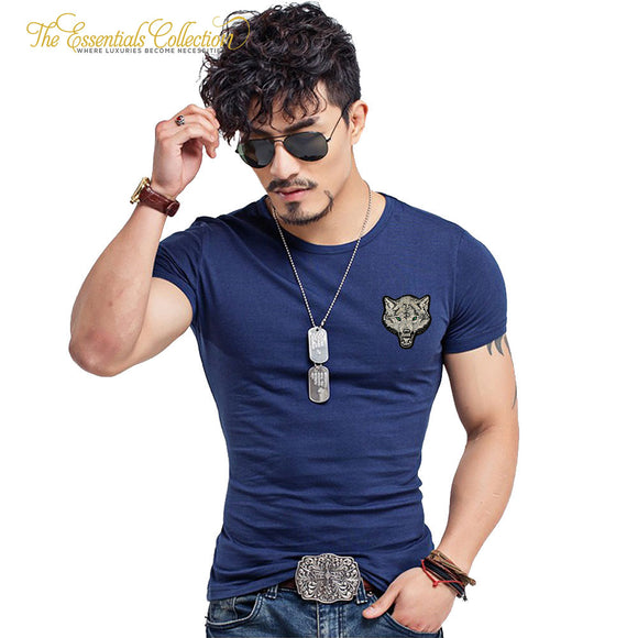 Men's O neck Slim Wolf Embroidery Short Sleeve Cotton T-Shirt