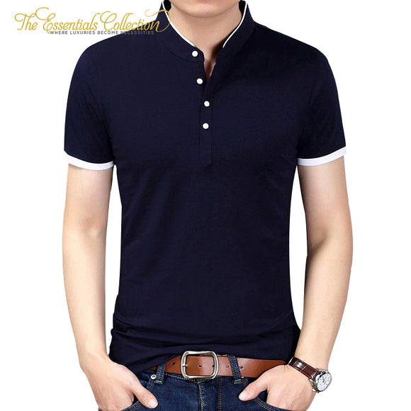 Casual Solid Color Mandarin Collar Slim Fit Short Sleeve Men's T Shirt