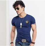 Men's O neck Slim Wolf Embroidery Short Sleeve Cotton T-Shirt