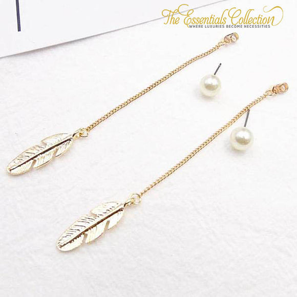 Pearls Long Tassel Dangle Leaf Feather Earrings