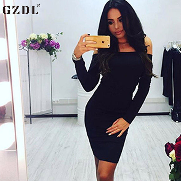 Slash Neck Off Shoulder Knitted Sweater Long Sleeve Bodycon Pencil Dress