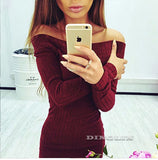 Slash Neck Off Shoulder Knitted Sweater Long Sleeve Bodycon Pencil Dress