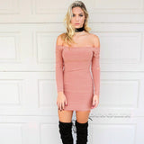 Slash Neck Pink Off Shoulder Hole Long Sleeve Bodycon Sheath Mini Dress