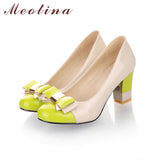 Round Toe Chunky High Heels Bow Candy Color Shoes Plus Size
