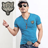 Men's O neck Slim Wolf Embroidery Short Sleeve Cotton T-Shirt