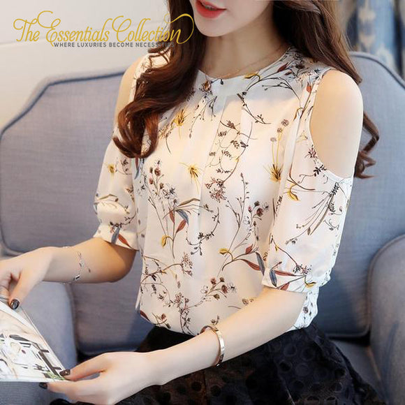 Elegant Chiffon Print Floral Open Shoulder Tops Blouses Plus Size