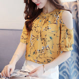 Elegant Chiffon Print Floral Open Shoulder Tops Blouses Plus Size