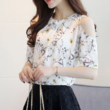 Elegant Chiffon Print Floral Open Shoulder Tops Blouses Plus Size