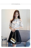 Elegant Chiffon Print Floral Open Shoulder Tops Blouses Plus Size