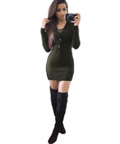 V-Neck Lace Up Dress  Casual Long Sleeve Mini Bodycon Dress