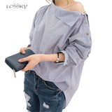 Striped Skew Collar Loose Batwing Sleeve Button Shirt Tops Blouse