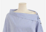 Striped Skew Collar Loose Batwing Sleeve Button Shirt Tops Blouse
